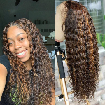 Natrual Black Blonde Highlights Wig Mix Color Deep Wave Curly Pre Plucked HD Transparent Lace Front Raw Virgin Human Hair Wigs